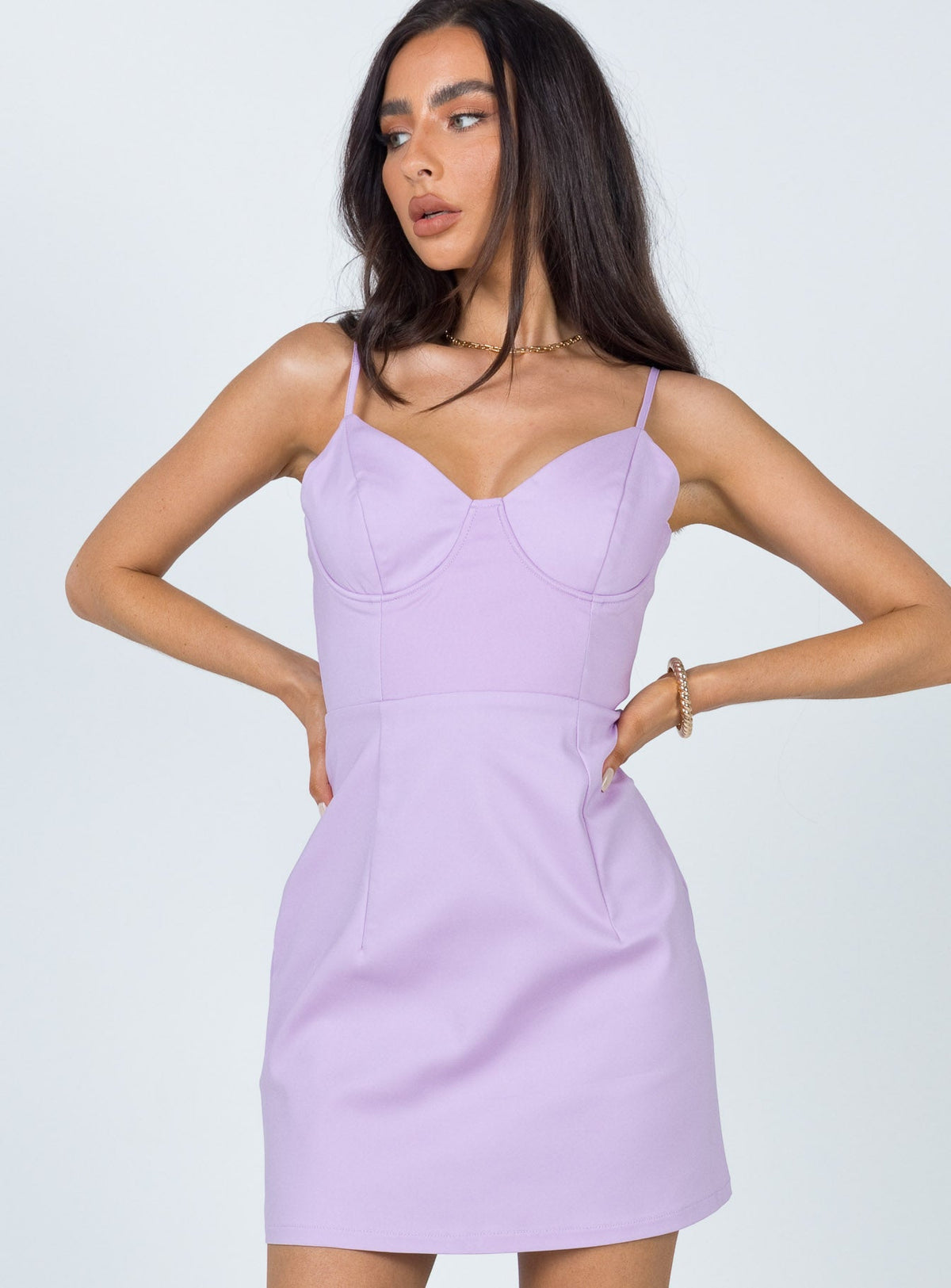 front view of model wearing Princess Polly Novella Mini Dress Lilac