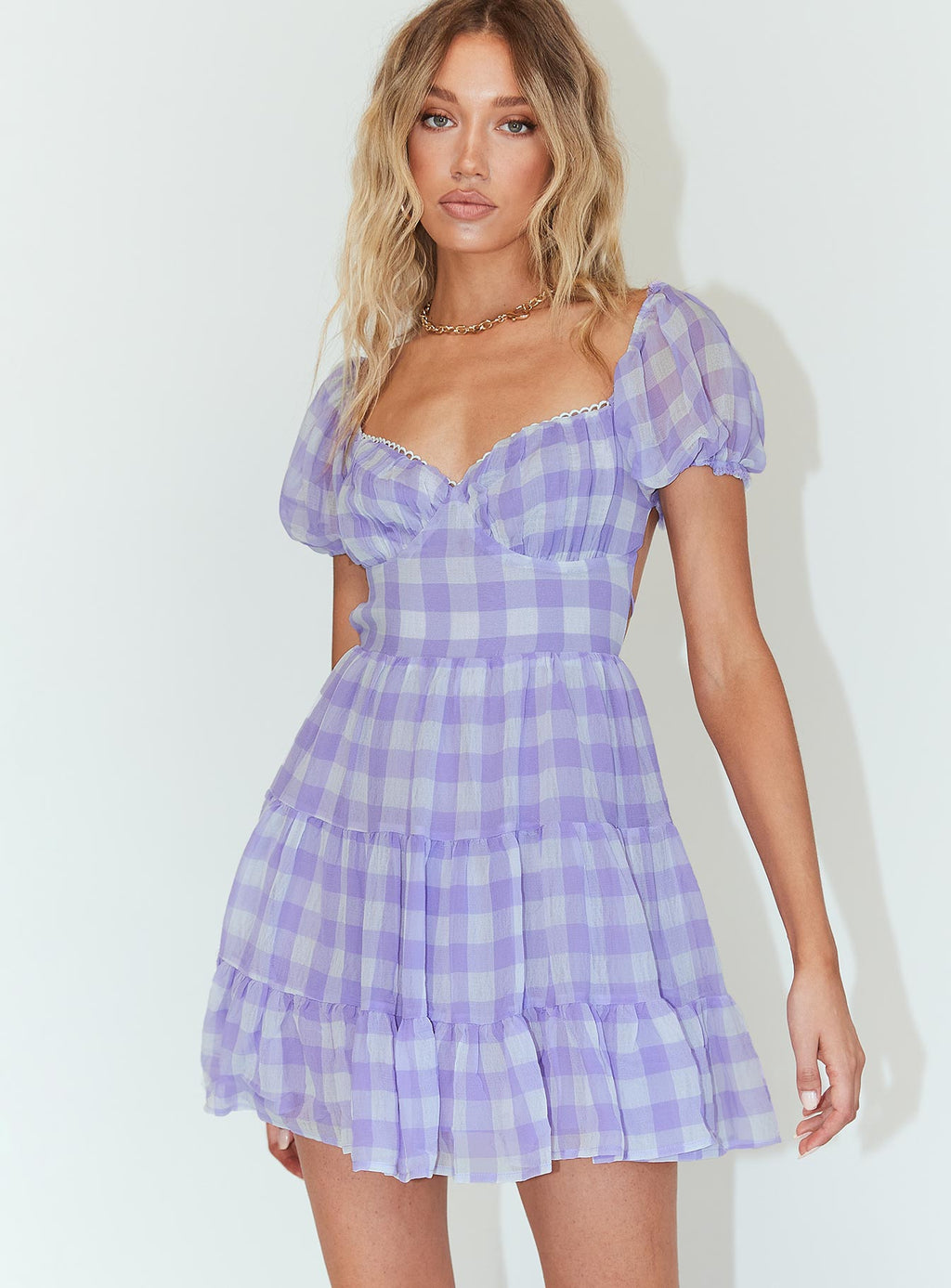 front view of model wearing Princess Polly Danny Mini Dress Lilac
