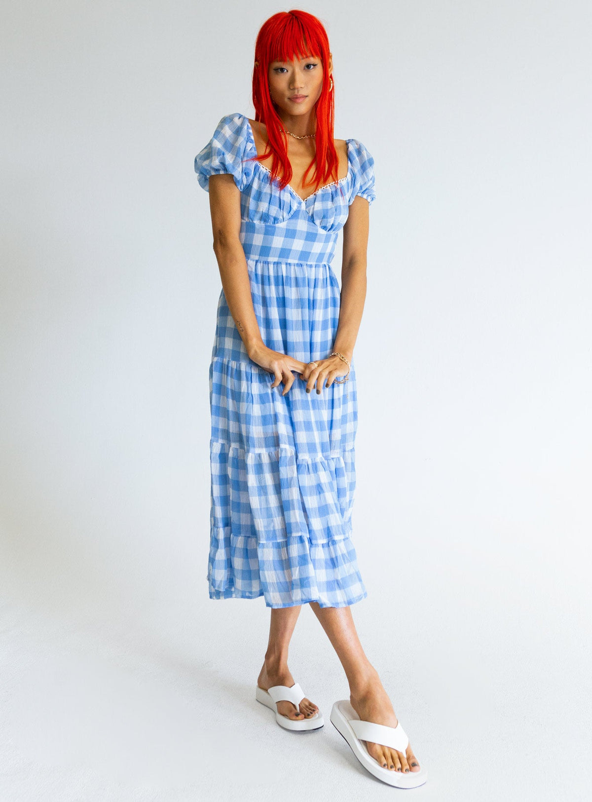 front view of model wearing Princess Polly Danny Midi Dress Blue